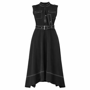 Karl Lagerfeld Paris Black Contrast Stitch Belted Handkerchief Midi Dress 10 NEW